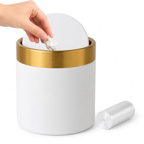 Mini Trash Can with Lid, 1.5L / 0.4 Gal Small Metal Countertop Trash Bin with Swing Lid for Desk, Coffee Bar, Vanity, Bathroom, Office, White - color: White