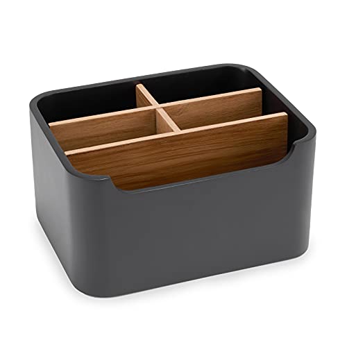 Remote Control Holder, Desk Organizer with Removable Dividers,Black | 5-compartment resin and wood organizer holds remotes, pens, glasses, and media devices for desk, coffee table, or nightstand - color: BLACK, size: 1 Pack