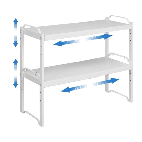 Set of 2 Expandable Kitchen Cabinet Shelves Organizers, Stackable Adjustable Small Storage Shelf Rack Stand For Pantry Cabinet Cupboard Kitchen Counter Organization, 22 lbs Capacity, Length:20.5" - color: White, size: 2 Pack: 12.6"-20.5"L