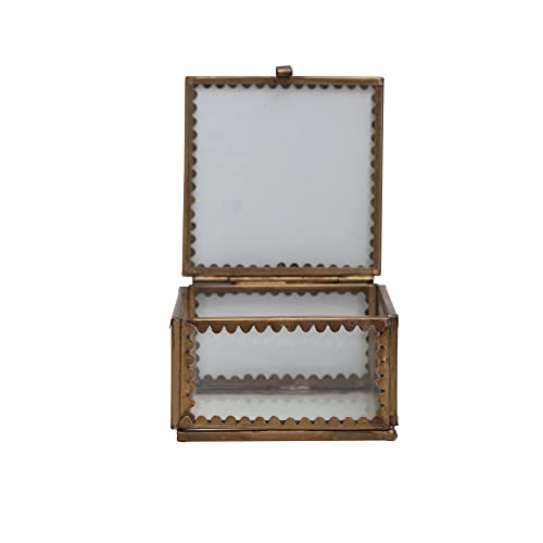 Creative Co-Op Brass and Glass Display Box with Scalloped Edges and Antique Finish, Brass Color - size: 3" Square x 1.75"H