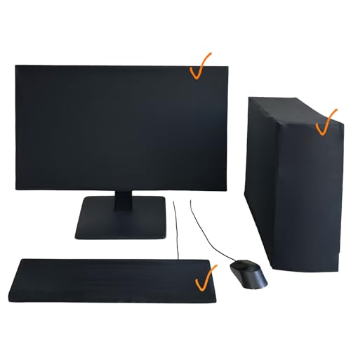 3-Piece Computer Dust Cover Set - Waterproof & Dustproof with Elastic Fabric, Pure Black Minimalist Design, Includes mainframe Case, Keyboard & 19-27 Inch Monitor Covers , Universal Fit