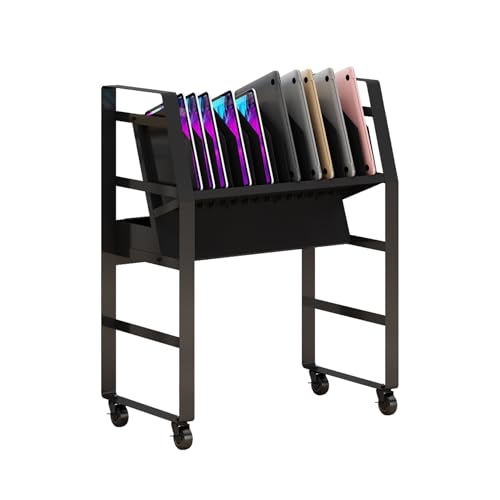 Black Mobile Open Storage Cart with Wheels and 16 Devices for iPads,Chromebooks & Laptop Computers,Removable Dividers,Office,Surge Protection Station Rack