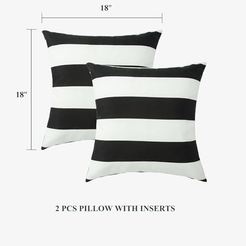FUNHOME Outdoor Indoor Throw Pillows 18”x18”, Set of 2 Decorative Throw Pillows with Inserts, All Weather Water-Repellent Square Pillows for Bed, Couch, Sofa and Patio Furniture-Black White Stripe - color: Black White Stripe, size: 18"L x 18"W(With Insert