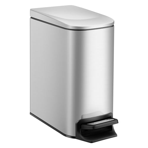 TIPGO Slim Bathroom Trash Can with Lid Soft Close, Step Pedal, 6 Liter / 1.6 Gallon Stainless Steel Garbage Can with Removable Inner Bucket, Anti-Fingerprint Finish (Silver) - color: Silver