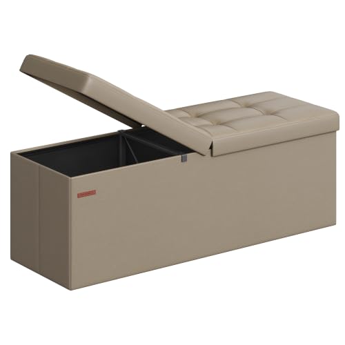 SONGMICS MAZIE Collection - 43 Inches Storage Ottoman Bench with Flipping Lid, Storage Chest with Iron Frame Support, Load 660 lb, for Living Room, Bedroom, Synthetic Leather, Camel Brown ULSF075K03 - color: Camel Brown, size: 15"D x 43"W x 15"H