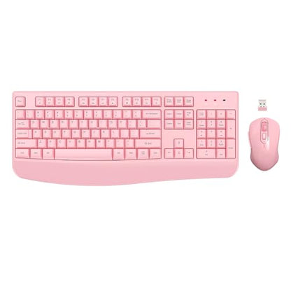 Wireless Keyboard and Mouse Combo, EDJO 2.4G Full-Sized Ergonomic Computer Keyboard with Wrist Rest and 3 Level DPI Adjustable Wireless Mouse for Windows, Mac OS Desktop/Laptop/PC (Pink) - color: Full Pink