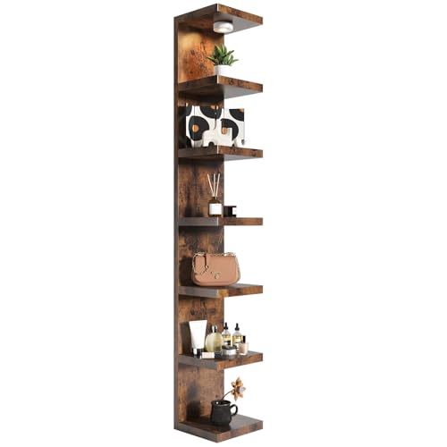 7-Tier Wall Shelf Unit with USB Rechargeable Led Light (Remote Controlled),Versatile Floating Display Shelves,Lack Style Wall Shelves for Bedroom,Living Room,Office Decor,Vanity-Rustic Brown - color: Rustic Brown, size: 7 Tier