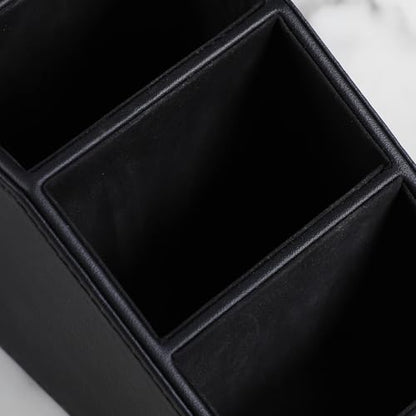 PU Leather Remote Control Holder, Small Desk Organizer Office Supply Bedside Caddy for Nightstand End Table Couch, Pen Remote Organizer with 3 Compartments (Black) - color: Black