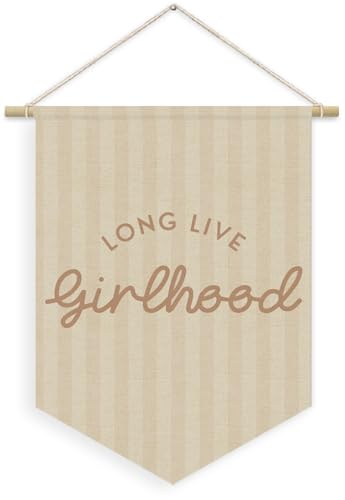 Girl Nursery Decor, Long Live Girlhood Linen Canvas Banner, Neutral Striped Wall Hanging Pennant Flag Banner for Girl Nursery Toddler Kids Room Bedroom Dorm Playroom Decor, 15x11in - color: girlhood-Vertical Stripes Pink