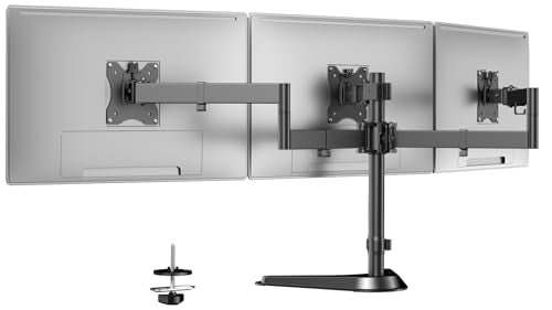 Triple Monitor Stand, Full Motion Adjustable Arm Fits 3 Screens up to 27 inch, Free Standing Desk Stand with Base and Cable Management, 22 lbs Weight Capacity per Arm, 75/100 mm VESA, Black - size: Triple Arms