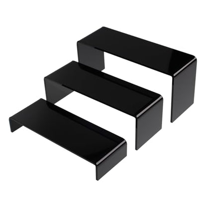 3 Pack Black Acrylic Display Risers, Tiered Display Stand Set in 3 Sizes for Perfume, Cosmetics, Cupcakes, Figures, Toy Cars, Collectibles and Small Decor