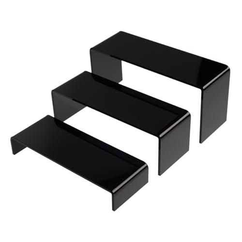 3 Pack Black Acrylic Display Risers, Tiered Display Stand Set in 3 Sizes for Perfume, Cosmetics, Cupcakes, Figures, Toy Cars, Collectibles and Small Decor