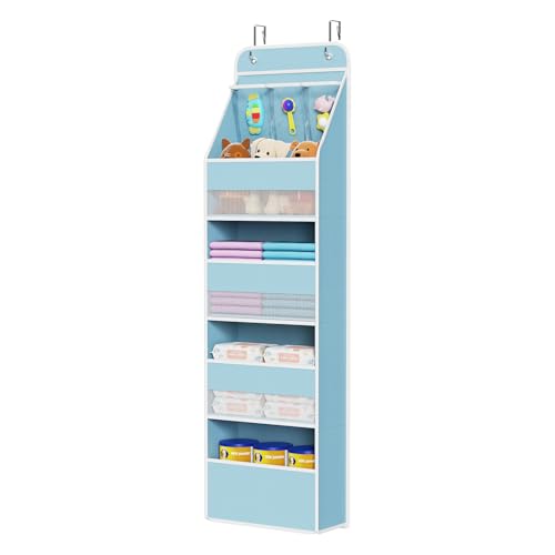 Univivi 5-Shelf Fabric Door Storage Over Door Hanging Organizer with 4 Large Pockets and 3 Small PVC Pockets Nursery Closet Cabinet Wall Mount Hanging Storage Organizers for Baby Nursery (Blue) - color: Blue, size: 5 LAYER
