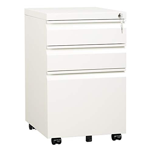 DEVAISE 3 Drawer Mobile File Cabinet with Lock, Under Desk Metal Filing Cabinet for Home Office/Legal/Letter/A4 File, Fully Assembled Except Wheels, White - color: White, size: 17"D x 15"W x 24"H