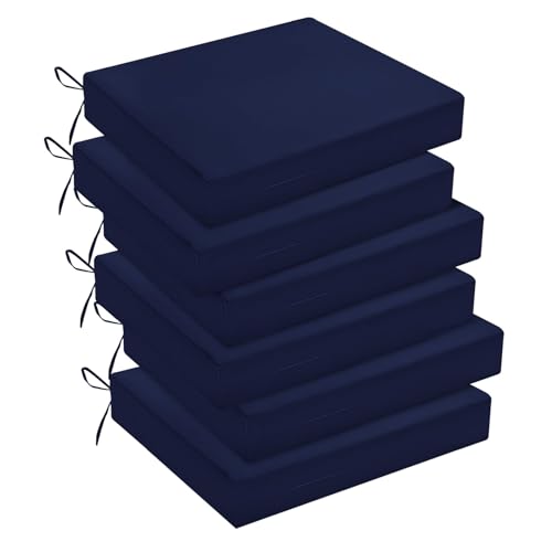 downluxe Outdoor Chair Cushions Set of 6 for Patio Furniture, Water-Resistant Square Corner Patio Chair Cushions with Ties, High Density Foam Outdoor Seat Cushion, 18.5" X 16" X 3", Navy - color: Navy, size: 18.5x16x3 Inch (Pack of 6)