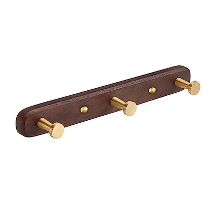 Wall Mounted Coat Rack, Entryway Hanging Coat Rack, Metal Wood Coat Rail with 3 Rustic Hooks Rail for Coat, Scarf, Bag, Towel, Key, Cap, Hat,Walnut Gold Matt - size: 3 Hooks - Round Shape