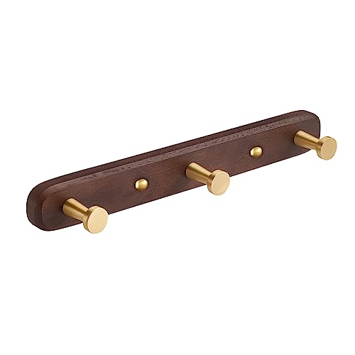Wall Mounted Coat Rack, Entryway Hanging Coat Rack, Metal Wood Coat Rail with 3 Rustic Hooks Rail for Coat, Scarf, Bag, Towel, Key, Cap, Hat,Walnut Gold Matt - size: 3 Hooks - Round Shape