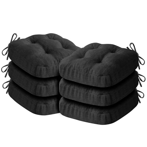IASEAHK Chair Cushions for Dining Chairs, Dining Chair Cushions, Tufted Indoor Chair Pads with Ties & Non Slip Backing, Seat Cushions for Kitchen Chairs 16.5” x 16.5” x 3.5”, Set of 6, Black - color: Black, size: Pack of 6