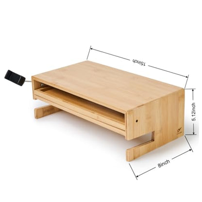 Wood Monitor Stand Riser Organizer for Desk Top with Storage Drawer & Phone Holder,Bamboo Monitor Stand with Keyboard Tray, Non Slip Desk Riser, Desk stand for computer monitor
