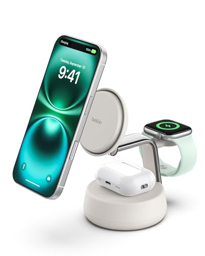 Belkin MagSafe Charger Compatible, 3-in-1 Charging Station, Qi2.2 25W w/Cooling Fan (On/Off Control) Magnetic Wireless Charger for iPhone 17, Apple Watch, AirPods, Pixel 10 (45W Adapter Included) - color: Sand, style: 3 in 1