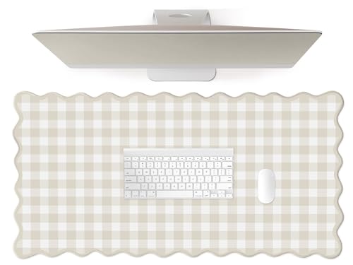 Scalloped‌ Beige Checkered Gingham Desk Mat Cute Pastel Large Mouse Pad Kawaii Cottagecore ‌Vintage‌ Rustic Keyboard Pad Computer Mat for Desktop Aesthetic Cozy Office Desk Decor - color: A1-beige