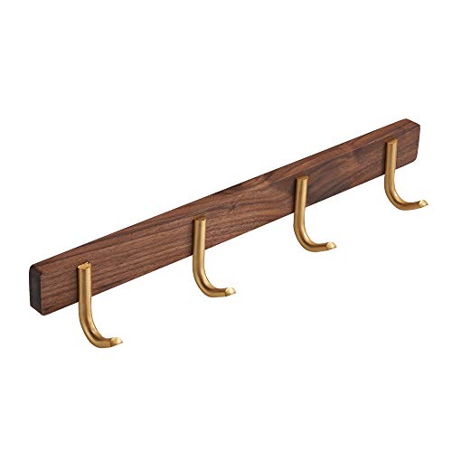 Wall Mounted Coat Rack, Entryway Hanging Coat Rack, Metal Wood Coat Rail with 4 Rustic Hooks Rail for Coat, Scarf, Bag, Towel, Key, Cap, Hat, Walnut Gold Matt - size: 4 Hooks - J Shape