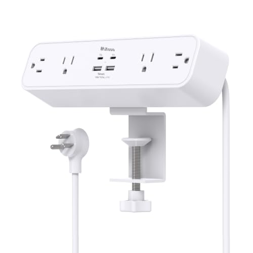 65W USB C Desk Clamp Power Strip, 8-in-1 Desktop Mount Surge Protector with 4 AC Outlets 2 USB-C & 2 USB-A Ports, PD 65W Fast Charging Station, 5Ft Extension Cord, Desk Edge Mount for Home Office - color: White, size: PD65W