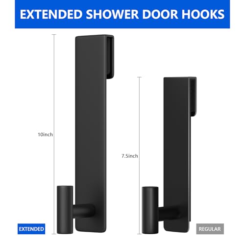 PMMASTO 10 Inch Extended Shower Door Hooks for Frameless Glass Bathroom, Stainless Steel Heavy Duty Over Door Towel and Robe Hanger (Black, Fits 3/8" Thick Door- T Shape) - color: Black, size: 10 Inch-2 Pack, Fits 3/8" Thick Door