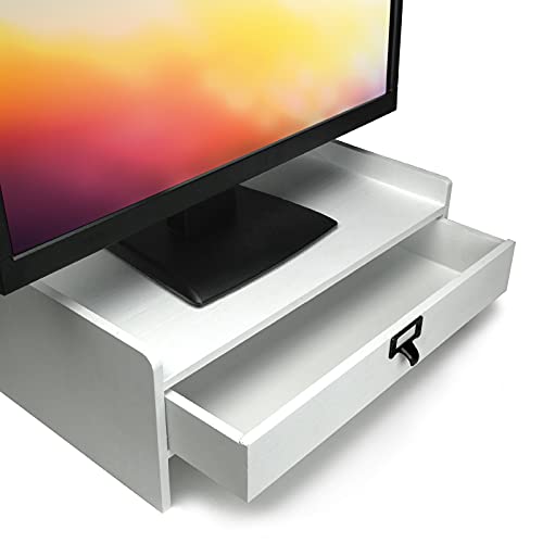 EXCELLO GLOBAL PRODUCTS Wooden Monitor Stand: Includes Drawer for Desktop Organization of Notebooks, Pens, Pencils & Office Supplies (White) - color: White