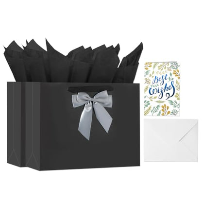 Powbrace Black Bags with Handles, 13" Medium Gift Bag Set - 2 Gift Bag with Bow, 4 Tissues & Greeting Card for Wedding Baby Shower Fathers Day Mothers Day Birthday Party - color: 2Pcs Black Glossy – General Purpose, size: 1 count (Pack of 1)