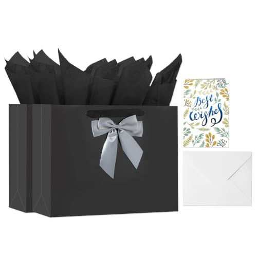 Powbrace Black Bags with Handles, 13" Medium Gift Bag Set - 2 Gift Bag with Bow, 4 Tissues & Greeting Card for Wedding Baby Shower Fathers Day Mothers Day Birthday Party - color: 2Pcs Black Glossy – General Purpose, size: 1 count (Pack of 1)