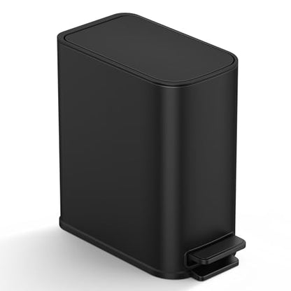 TIPGO Small Bathroom Trash Can with Lid Soft Close, Step Pedal, 1.3 Gallon / 5 Liter Stainless Steel Slim Garbage Can for Office, Diaper Waste Basket with Removable Inner Bucket (Matte Black) - color: Black
