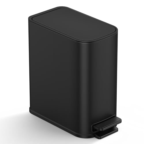 TIPGO Small Bathroom Trash Can with Lid Soft Close, Step Pedal, 1.3 Gallon / 5 Liter Stainless Steel Slim Garbage Can for Office, Diaper Waste Basket with Removable Inner Bucket (Matte Black) - color: Black