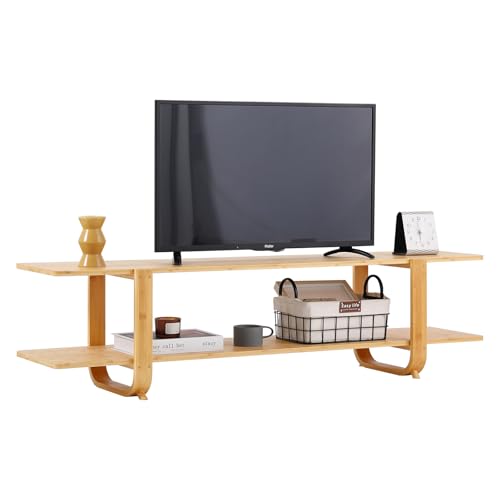 Welnow Low Bamboo TV Stand for Up to 65 Inch, Small Mid Century Modern Entertainment Center with 2-Tier Open Shelves, Natural Media Console Table for Living Room, Bedroom - color: Wood, size: 55.1"