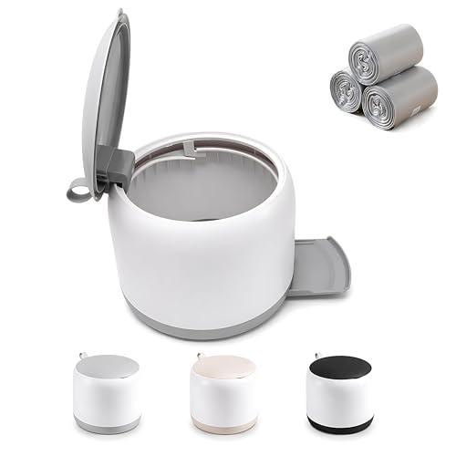 Small Desk mini Trash can Desktop Tiny Garbage can Office Waste Basket with lid with Bracket Home Office Bedroom Living Room Kitchen Garbage Sundries, Includes 90 Trash Bags(Gray-White) - color: Gray-White