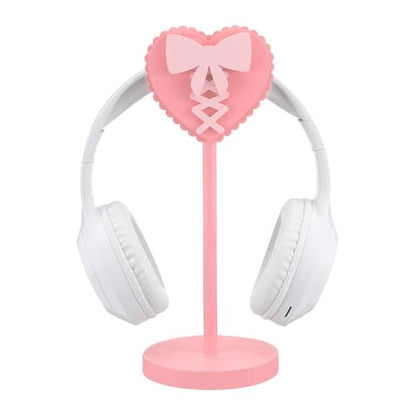 Kingdder Pink Heart Bow Headphone Stand Cute Wood Headphone Stand Adorable Headset Holder Accessories Gamer Gifts for Teenage Women Teacher Girlfriend Office Worker Wife Gamer Room Office Desk - style: Heart Bow