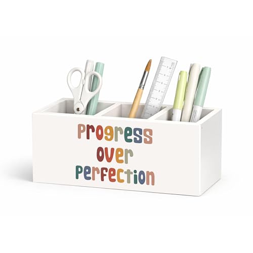 Progress Over Perfection Wooden Pen Holder | Motivational “Progress Over Perfection” design; 3-compartment wooden pencil caddy for office, home, or classroom desk. - color: Progress Over Perfection