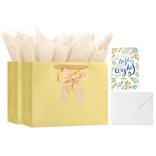 Powbrace Gold Bags with Handles, 13" Medium Gift Bag Set - 2 Gift Bag with Bow, 4 Tissues & Greeting Card for Wedding Baby Shower Fathers Day Mothers Day Birthday Party - color: 2Pcs Gold Glossy Gift Bag, size: 1 count (Pack of 1)
