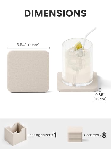 Fluxynara Felt Coasters for Drinks, Set of 8 Absorbent Coasters with Holder, Heat-Resistant & Reusable Square Design for Coffee Table & Living Room, 3.94 Inch, Oatmeal - color: Oatmeal, size: Square - 8 Count