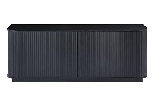 64" Modern TV Stand Sideboard Storage Cabinet, Wooden Curved TV Console with Sliding Doors, Wave Pattern Buffet Cabinet Wooden Vertical Striped Table for Kitchen/Bedroom/Entryway (Black) - color: Black