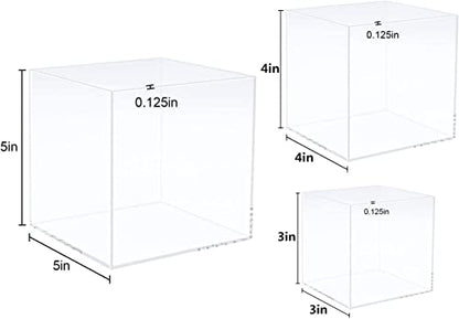 Clisela 3pcs Acrylic Cube Display Stands Box Risers Clear 3" 4" 5" | Display Case Plastic Box Perspex Stand, Dustproof Protection Showcase for Action Figures, Toys, Collectibles - size: (3,4,5)"- Clear