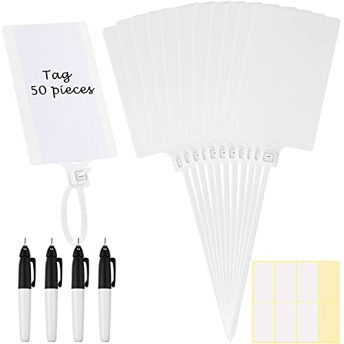Pajean 50 Pieces Waterproof Plastic Tags with Marker Pens and Sticker Labels, Self Locking Bag Writable Tags with Wire Cable Ties for Luggage (White) - color: White