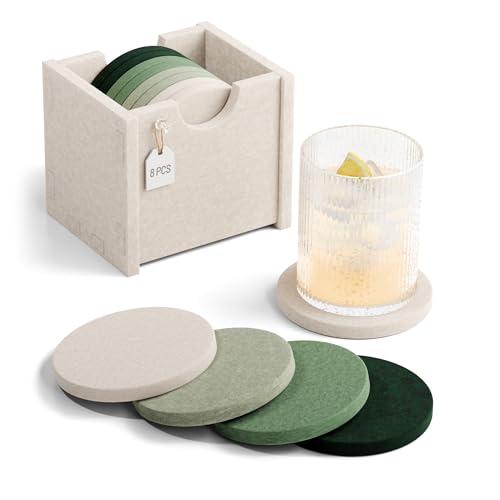 Fluxynara Felt Coasters for Drinks, Set of 8 Absorbent Coasters with Holder, Heat-Resistant & Reusable Round Design for Coffee Table & Living Room, 3.94 Inch, Sagewood - color: Sagewood, size: Round - 8 Count