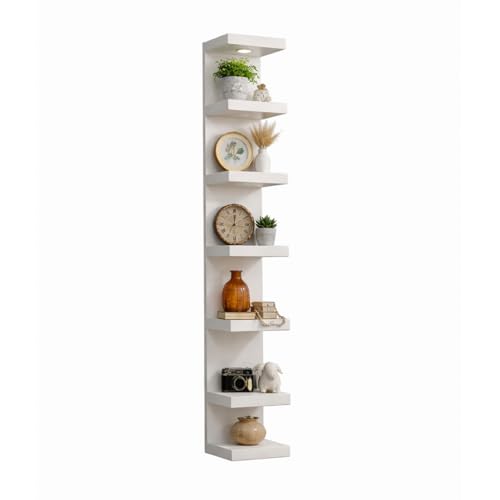 7 Tier Wall Shelf Unit,Black and White Lack Wall Shelf,Display Floating Shelf with LED Remote Control Light (White) - color: White