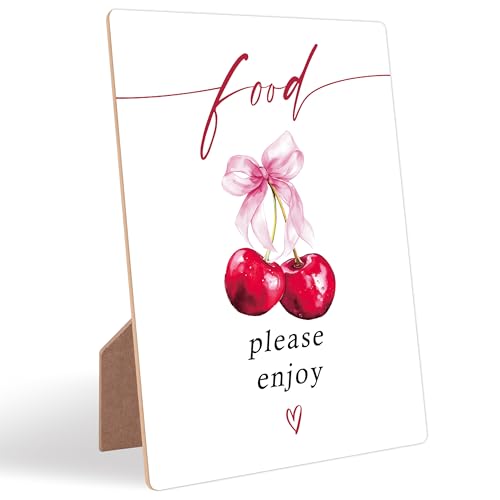 Cherry Wedding Signs for Reception, Pink Bow Food Please Enjoy Sign, Berry Wooden Wedding Signs with Stand, Pink Bow Theme Bridal Shower Decorations, Bridal Shower Party Supplies for Reception, 07 - color: Cheery07