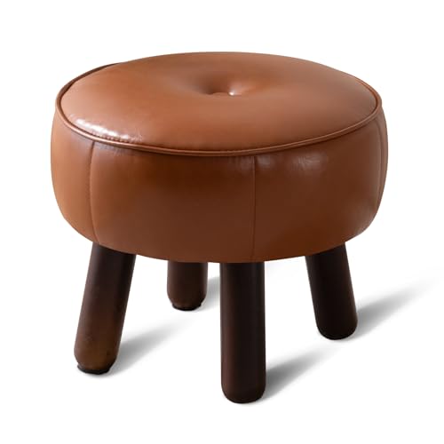 oakvivo Small Foot Stool, Round Faux Leather Pouf Ottoman Foot Rest, Footstool Ottomans with Rubber Legs Under Desk, 13''L x 13''W x 10.2''H, Footrest for Couch, Living Room, Bedroom, Hallway, Brown - color: Brown