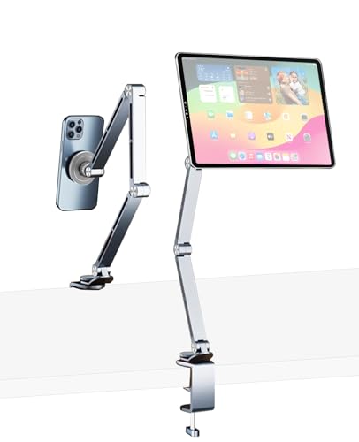 Magnetic Tablet Stand for Desk Aluminum Alloy Phone iPad Desk Holder Overhead Arm Mount with 360°Rotate Base for Magsafe/iPhone/Android/iPad (Magnetic Silver) - color: Magnetic Silver