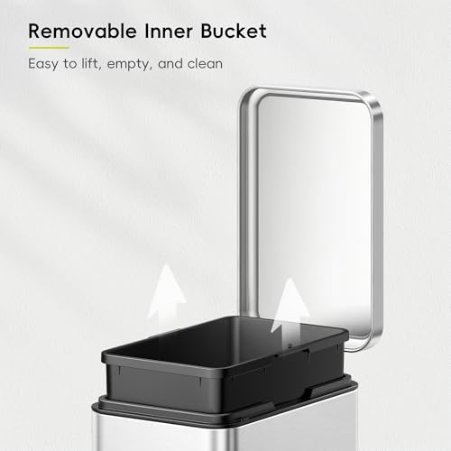 EKO Small Bathroom Trash Can with Lid Soft Close, Step Pedal, 10 Liter / 2.6 Gallon Stainless Steel Garbage Can with Removable Inner Bucket, Anti-Fingerprint Finish (Silver) - color: Stainless Steel, size: 10L