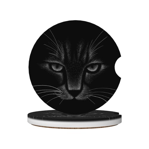 Black Cat Art Car Cup Holder Coasters 2 Pack Universal 2.63 Inch Anti Slip Ceramic Absorbent Coaster with Cork Base and Finger Notch Cute Car Accessories Interior for Women - color: Gray