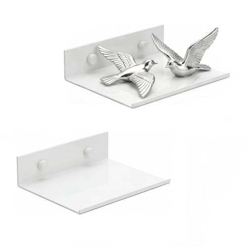 Z metnal Small Floating Shelves, Renter Friendly Mini Metal Display Shelf for Collection Action Figures, Aluminum, Adhesive & Wall Mounted, White, 6 inch, 2 Pack - color: White, size: 6 inch (2 Pack)